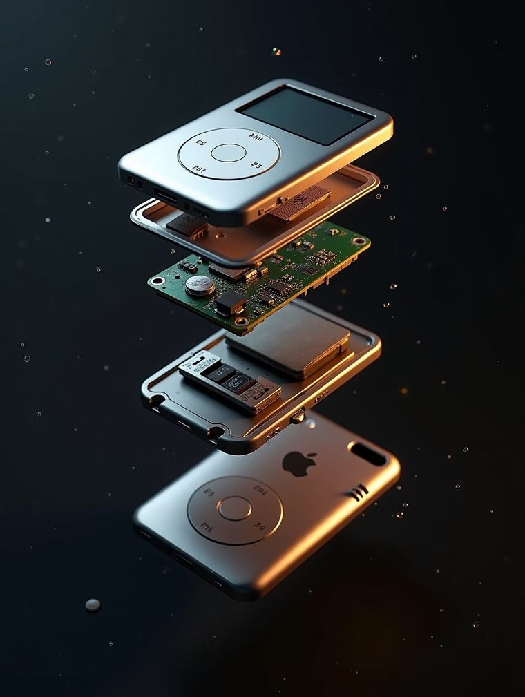 iPod Classic en vue éclatée : façade, écran, carte logique, adaptateur flash, batterie, coque